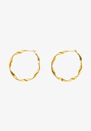 Verdrehte Goldohrringe mit einer glatten, polierten Oberfläche, die ein gewundenes Design und einen sicheren Verschluss für einfaches Tragen aufweisen.