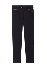 Jean skinny en denim noir avec une taille mi-haute, présentant des coutures blanches, une fermeture à bouton en métal et des accents de clous décoratifs sur les poches.