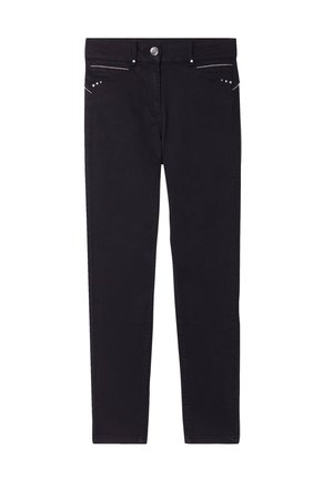 Jeans skinny in denim nero con vita media, caratterizzati da cuciture bianche, chiusura con bottone metallico e decorazioni con borchie sui taschini.