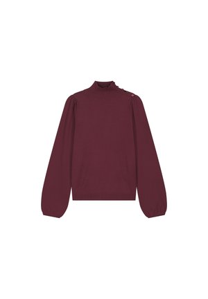 Bordeaux gebreide trui met een hoge hals, poflange mouwen en decoratieve knopen op de linker schouder. Glad textuur en getailleerd ontwerp.