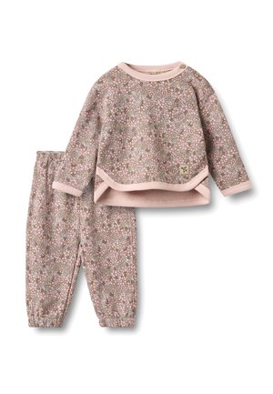 Blød lyserød og brun blomstret bluse med lange ærmer og rund hals samt matchende elastikbuks til småbørn.