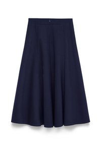 Jupe A-line bleu marine en coton, dotée d'une texture lisse, de plis et d'une fermeture éclair dissimulée à l'arrière pour un look sans couture.