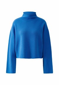 Kurzes Rollkragenpullover in leuchtendem Blau, aus strukturiertem Strickstoff, mit langen Ärmeln und einem enganliegenden hohen Kragen.