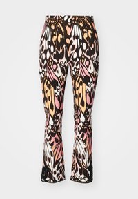 Schwarze Leggings mit einem lebendigen, von Schmetterlingen inspirierten Druck in Pink, Orange und Weiß. Ausgestellt geschnitten mit strukturierten Akzenten am Saum.