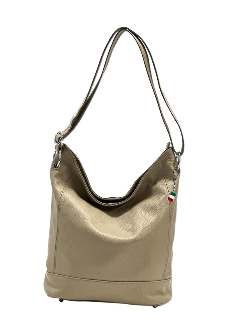 Sac en cuir beige à la forme douce et décontractée. Doté d'une seule sangle, d'un sommet arrondi et d'un petit accent en drapeau italien.