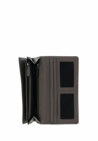 Cartera de cuero gris con un compartimento con cremallera, múltiples ranuras para tarjetas y dos ventanas transparentes para identificación. Textura suave con detalles sutiles.