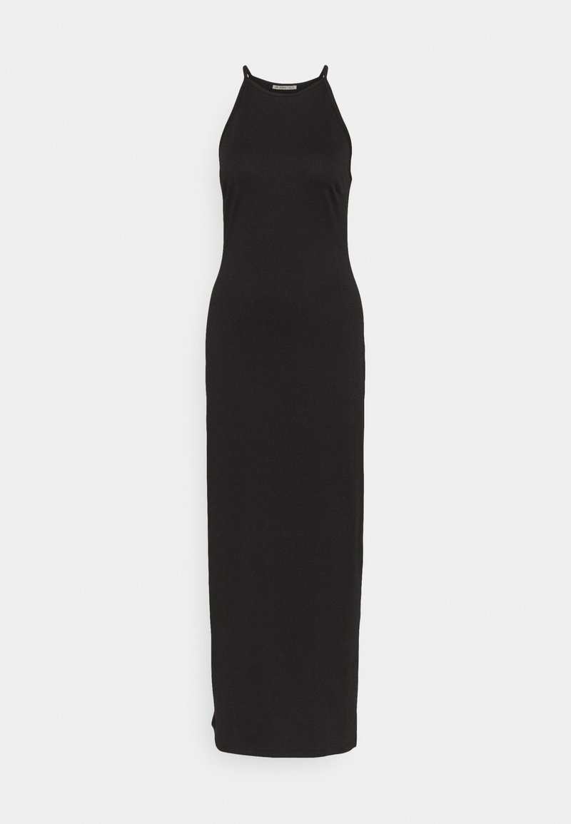 Robe longue noire sans manches avec col montant et coupe ajustée, présentée sur fond blanc uni.