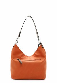 Orange synthetische Hobo-Tasche in lässiger Form, mit einer Reißverschlusstasche vorne und einem Schulterriemen aus dunklem Leder. Glatte Textur.