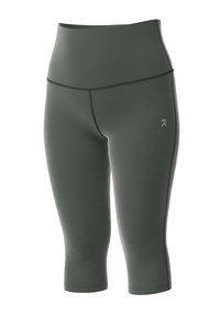 Dunkelgrüne Capri-Leggings aus glattem, dehnbarem Material. Hohe Taille, Flachnähte und ein kleines Logo an der Seite.