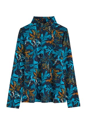 Blusa de manga larga en tela azul marino con un estampado floral en tonos de turquesa, naranja y marrón, con un cuello alto y un corte holgado.