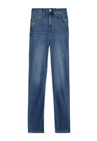 Jeans in denim blu scuro con vestibilità dritta. Caratterizzati da un leggero sbiadimento, cinque tasche e chiusura a bottone. Tessuto morbido con cuciture resistenti.