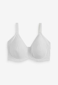 Witte ondergebroken beha van gladde stof, voorzien van gevormde cups, verstelbare bandjes en een naadloos ontwerp. Geen versieringen of patronen.