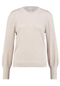 Ljusrosa mulitär med rund halsringning, långa puffärmar, ribbade cuffs och nederkant, tillverkad av mjukt, texturerat tyg. Subtil glittrande detalj.