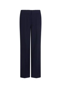 Marineblauwe bredere broek van een soepele stof. Heeft een vlakke voorkant, geen zichtbare zakken en een schone zoom. Tailored ontwerp.