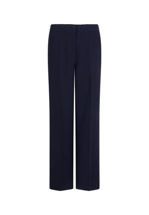 Navy blue wide-leg trousers made of smooth fabric. Features a flat front, no visible pockets, and a clean-cut hem. Tailored design.