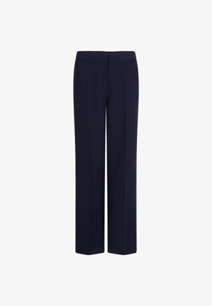 Marineblaue weit geschnittene Hose aus glattem Stoff. Verfügt über eine flache Vorderseite, keine sichtbaren Taschen und einen sauberen Saum. Maßgeschneiderter Schnitt.
