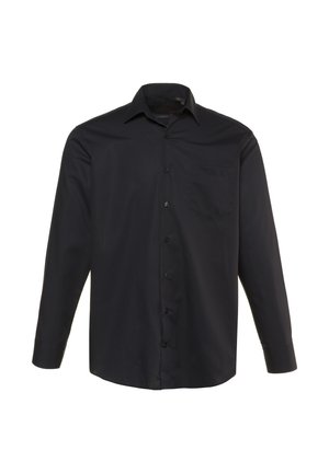 Camicia nera a maniche lunghe in tessuto morbido. Presenta un colletto classico, chiusura frontale con bottoni e una tasca sul petto.