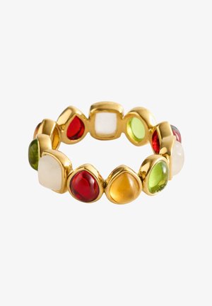 Goldener Ring mit abwechselnd glatten und tropfenförmigen mehrfarbigen Steinen in Rot, Grün, Weiß und Bernstein, angeordnet in einem durchgehenden Band.