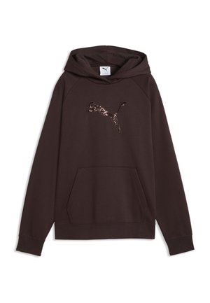 Sudadera con capucha marrón oscuro con bolsillo delantero y un brillante logo de Puma con lentejuelas en el pecho.