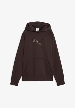 Felpa con cappuccio marrone scuro con tasca frontale e logo Puma con paillettes lucide sul petto.