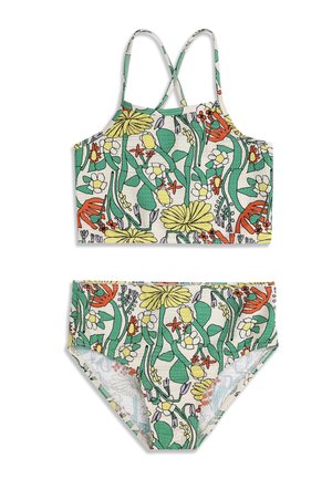 Maillot de bain deux pièces pour filles avec bretelles croisées et imprimé floral multicolore sur fond blanc.