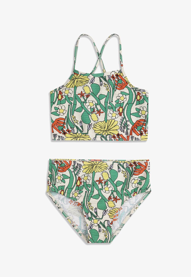 Maillot de bain deux pièces pour filles avec bretelles croisées et imprimé floral multicolore sur fond blanc.
