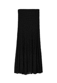 Gonna maxi nera in pizzo con vita aderente, design svasato e motivo testurizzato, caratterizzata da pieghe verticali per un'effetto di maggiore fluidità.