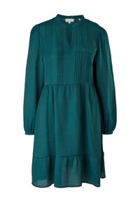 Robe bleu sarcelle longueur genou avec manches longues bouffantes, plis verticaux sur le corsage, col en V entaillé et ourlet à volants froncés.