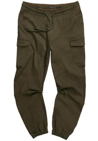 Olivově zelené cargo kalhoty vyrobené z lehkého materiálu, s elastickým pasem, šňůrkou a tapered nohavicemi s několika kapsami.