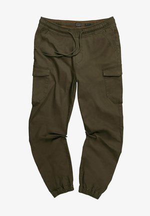 Olijfgroene cargobroek van lichtgewicht stof, met een elastische tailleband, trekkoord en taps toelopende boorden met meerdere zakken.