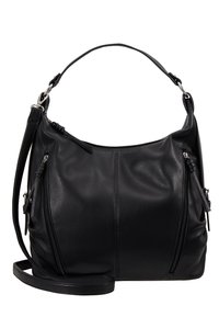 Černá kožená kabelka se dvěma předními zipovými kapsami, krátkým uchem a odnímatelným dlouhým popruhem, umístěná na bílém pozadí.