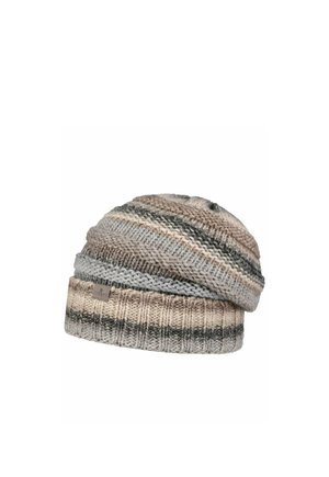 Striped knitted beanie in beige, gray, and brown tones with a folded brim and a small fabric brand label.