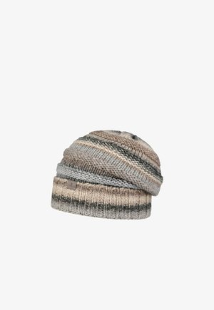 Striped knitted beanie in beige, gray, and brown tones with a folded brim and a small fabric brand label.
