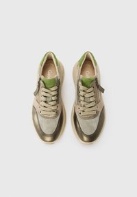 Un paio di sneakers in suede beige e verde con zip laterale e lacci beige, esposti vista dall'alto su sfondo bianco.