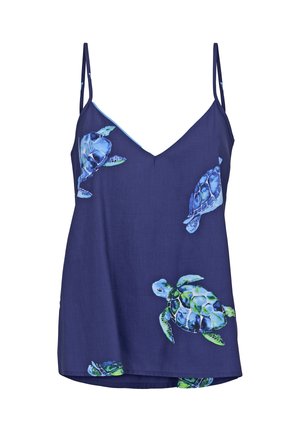 Top sin mangas azul marino con finas tirantes, con estampados de tortugas marinas azules y verdes dispersos por toda la tela.