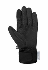 Schwarze Handschuhe mit texturiertem Griff an den Handflächen, einer glatten Oberseite, verstellbarem Handgelenkriemen und verstärktem Daumen für Langlebigkeit.