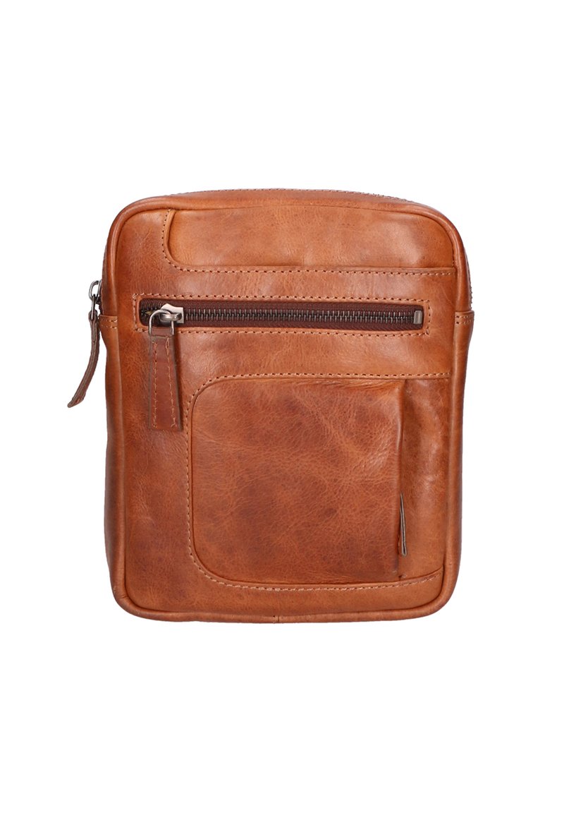Borsa a tracolla in pelle marrone con una superficie liscia, chiusura con zip, tasca frontale e angoli arrotondati, con dettagli cuciti.