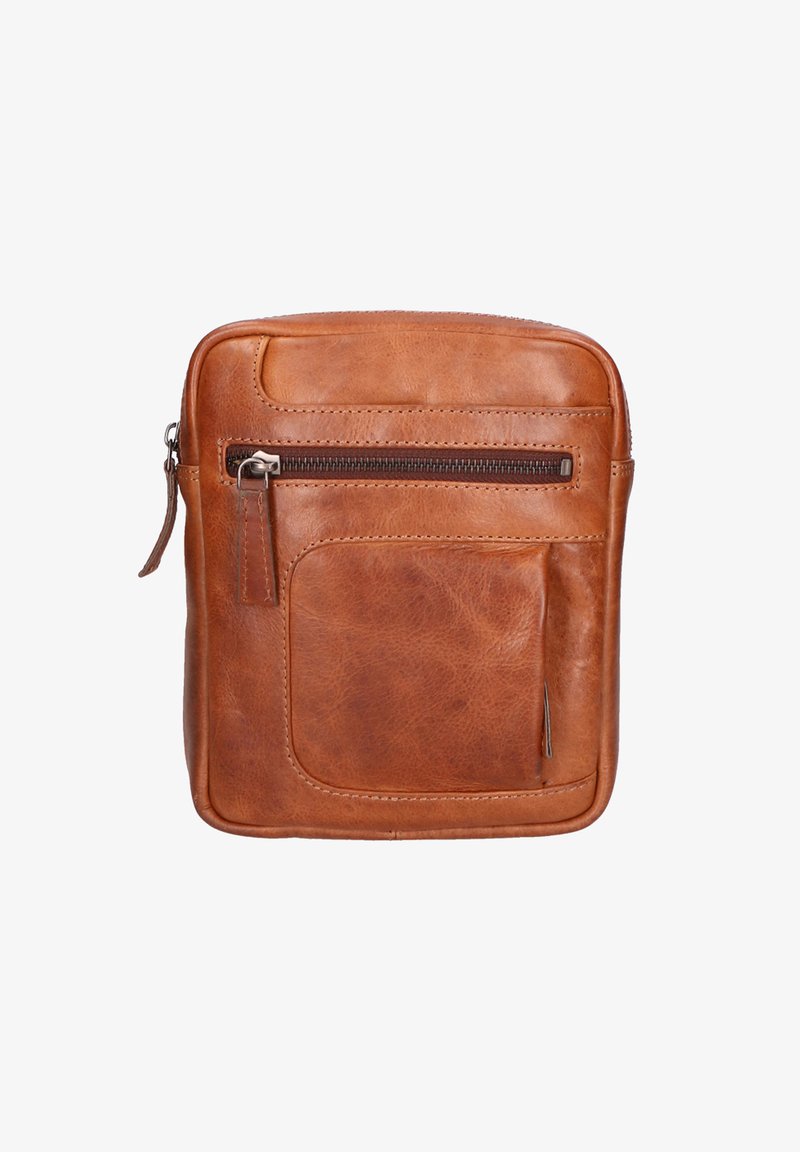 Borsa a tracolla in pelle marrone con una superficie liscia, chiusura con zip, tasca frontale e angoli arrotondati, con dettagli cuciti.