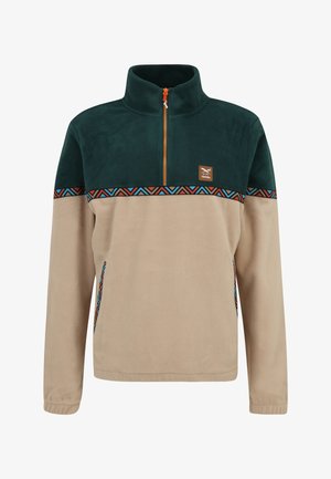 Beige and dark green fleece pullover with a high collar, orange quarter zipper, and geometric patterned trim across chest and pockets.