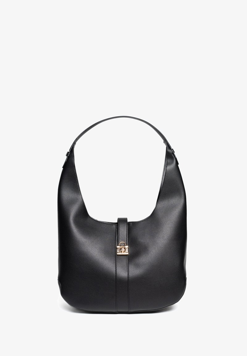 Sac hobo en cuir noir à forme arrondie, avec un accent en matériel doré au centre et une finition lisse.