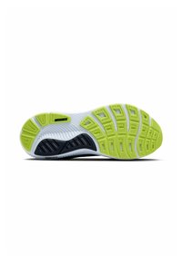 Suola della scarpa caratterizzata da una combinazione di colori verde e bianco, gomma testurizzata per una migliore aderenza, scanalature pronunciate e un design strutturato per la stabilità.
