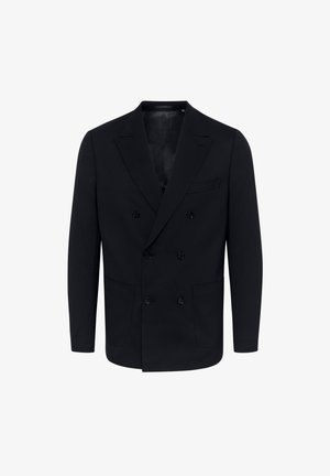 Černý dvouřadý blejzr z texturované tkaniny má dvě přední kapsy a dvě řady knoflíků, s elegantním designem klopy.