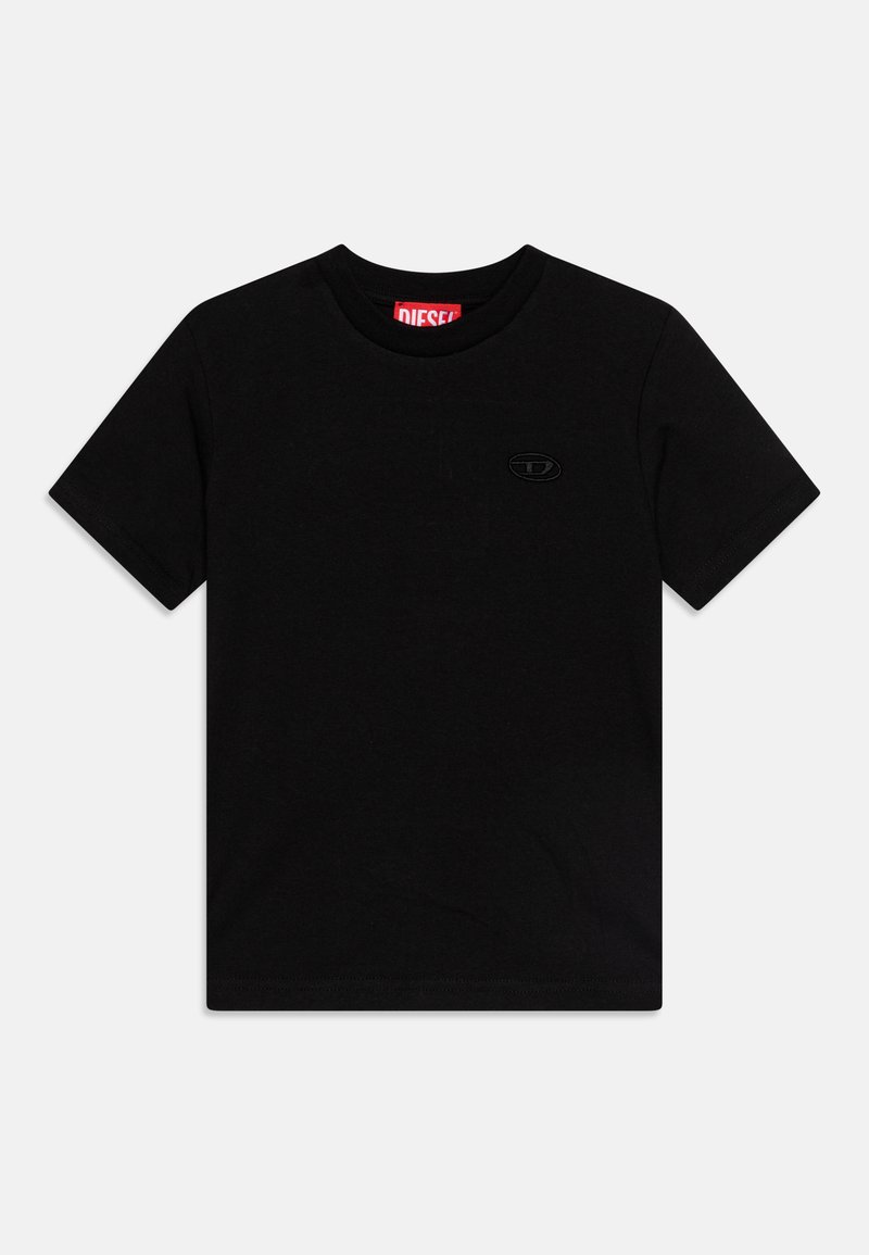 Svart t-skjorte laget av bomull, med korte ermer, rund hals og en subtil logo på brystet. Lett tekstur, minimalistisk design.