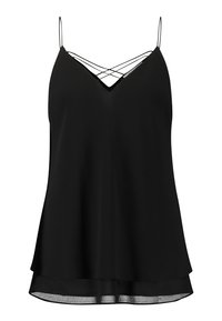 Svart linne med V-ringning, tunna spaghettiband och lagerkant. Slät tyg med korsade banddetaljer.