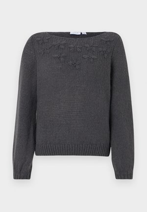 Pull en tricot gris foncé à manches longues, encolure dégagée et broderie florale au niveau de la poitrine. Ourlet et poignets côtelés.