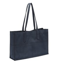 Granatowa skórzana torba typu tote z dwoma długimi uchwytami, o prostokątnym kształcie, gładkiej fakturze i przeszyciami dekoracyjnymi na powierzchni.
