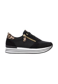 Black athletic shoes with a combination of smooth and suede textures, featuring leopard print accents, gold zipper detail, and white striped sole.