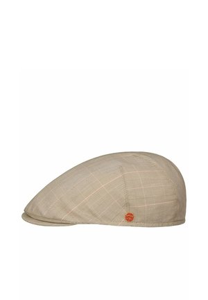 Beige flat cap with subtle plaid pattern and small round red logo tag on side.