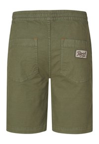 Olivengroene shorts van een lichtgewicht stof, met een elastische tailleband, twee achterzakken en een merklabel met stikseldetail.