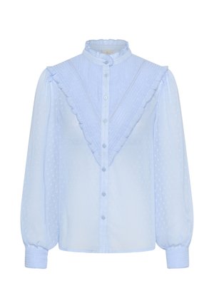 Hellblaue Bluse mit langen Ärmeln, Biesen- und Rüschen-Details, die eine V-Form auf der Vorderseite bilden, mit Knopfleiste und hohem Rüschenkragen.